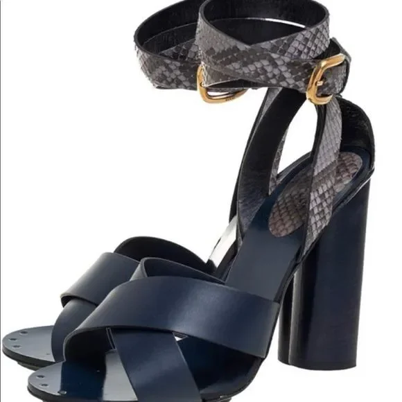 Gucci Blue/Grey Python and Leather Crisscross Ankle Strap Sandals Size 38